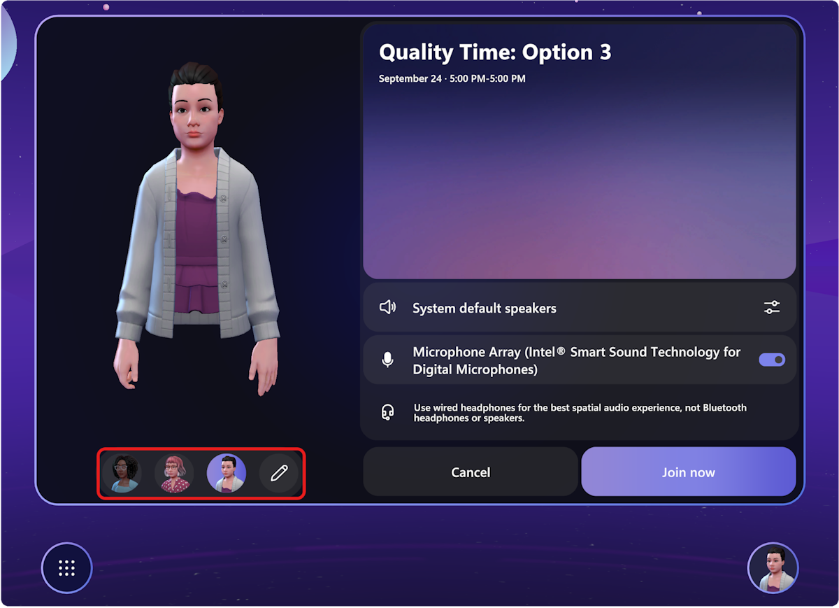 Capture d’écran de la boîte de dialogue de pré-jointure avec Avatars éléments de menu mis en évidence