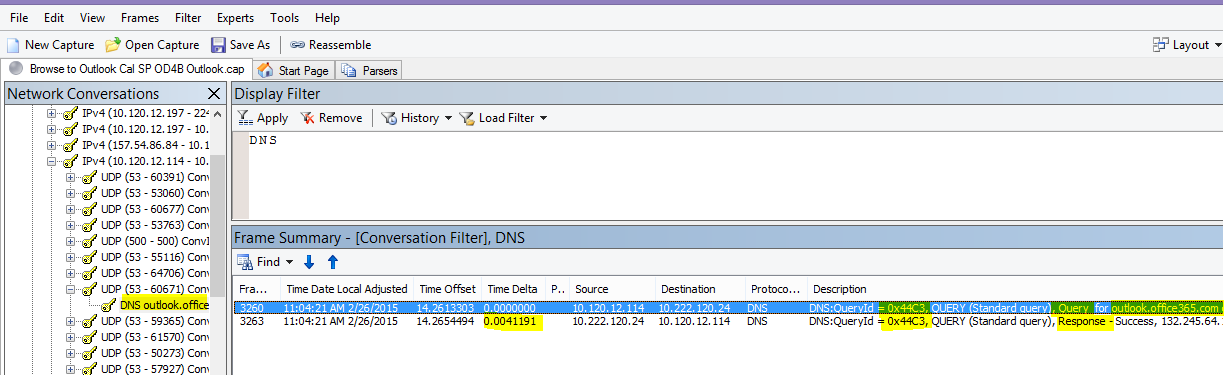 Une trace Netmon de la charge Outlook Online filtrée par DNS, et en utilisant Rechercher des conversations puis DNS pour affiner les résultats.