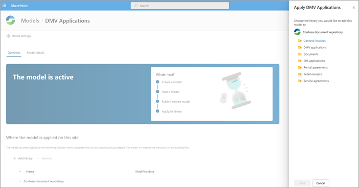 Capture d’écran de la page d’accueil du modèle pour appliquer le modèle à une bibliothèque.