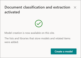 Capture d’écran du message activé Classification et extraction de documents avec l’option Créer un modèle.