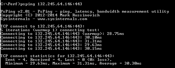 PSPing à l’adresse IP retournée par le ping pour outlook.office365.com présentant une latence moyenne de 28 millisecondes.