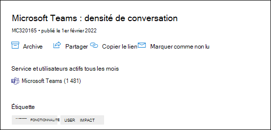 Capture d’écran : montrant la page densité de conversation Microsoft Teams dans le billet du centre de messages avec des données utilisateur actives mensuelles