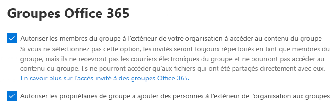 Capture d’écran des paramètres d’invité des Groupes Microsoft 365 dans le Centre d’administration Microsoft 365.