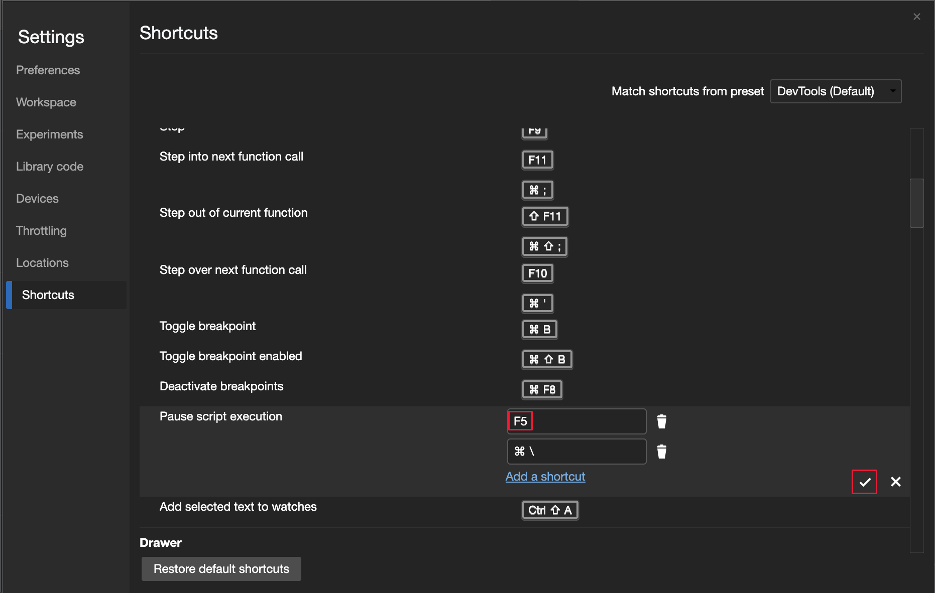 Personnaliser les raccourcis clavier dans les Paramètres DevTools sur Raccourcis avec un raccourci en mode édition.