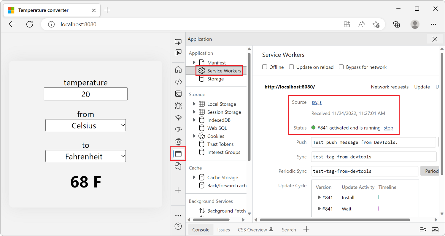 L’outil Application DevTools, montrant le panneau Service Workers, avec le nouveau sw.js Worker en cours d’exécution