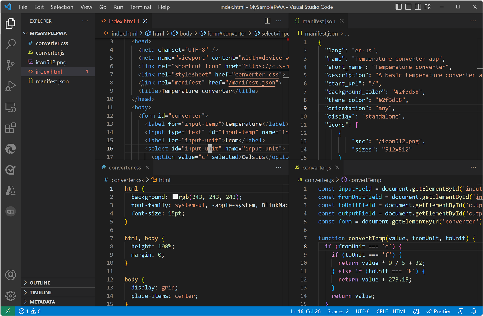 Exemple de projet PWA dans Visual Studio Code, avec les fichiers index.html, converter.js, converter.css et manifest.json