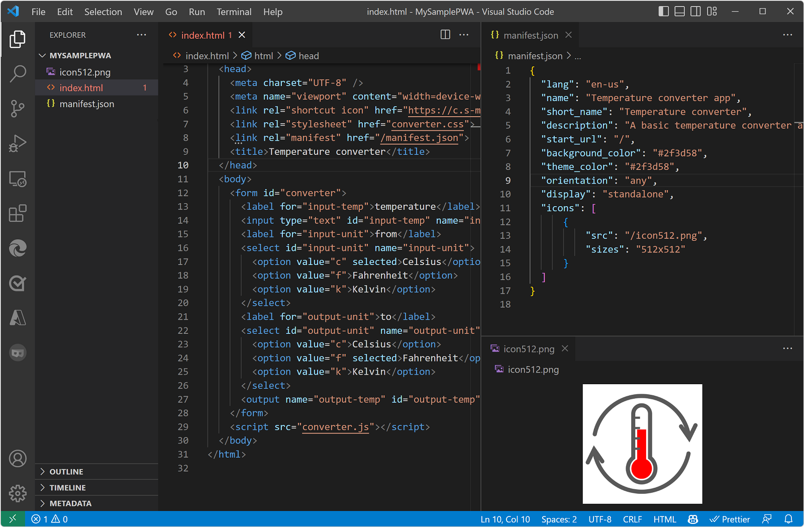 Capture d’écran de VS Code montrant l’exemple de projet PWA, avec les fichiers index.html, manifest.json et icon