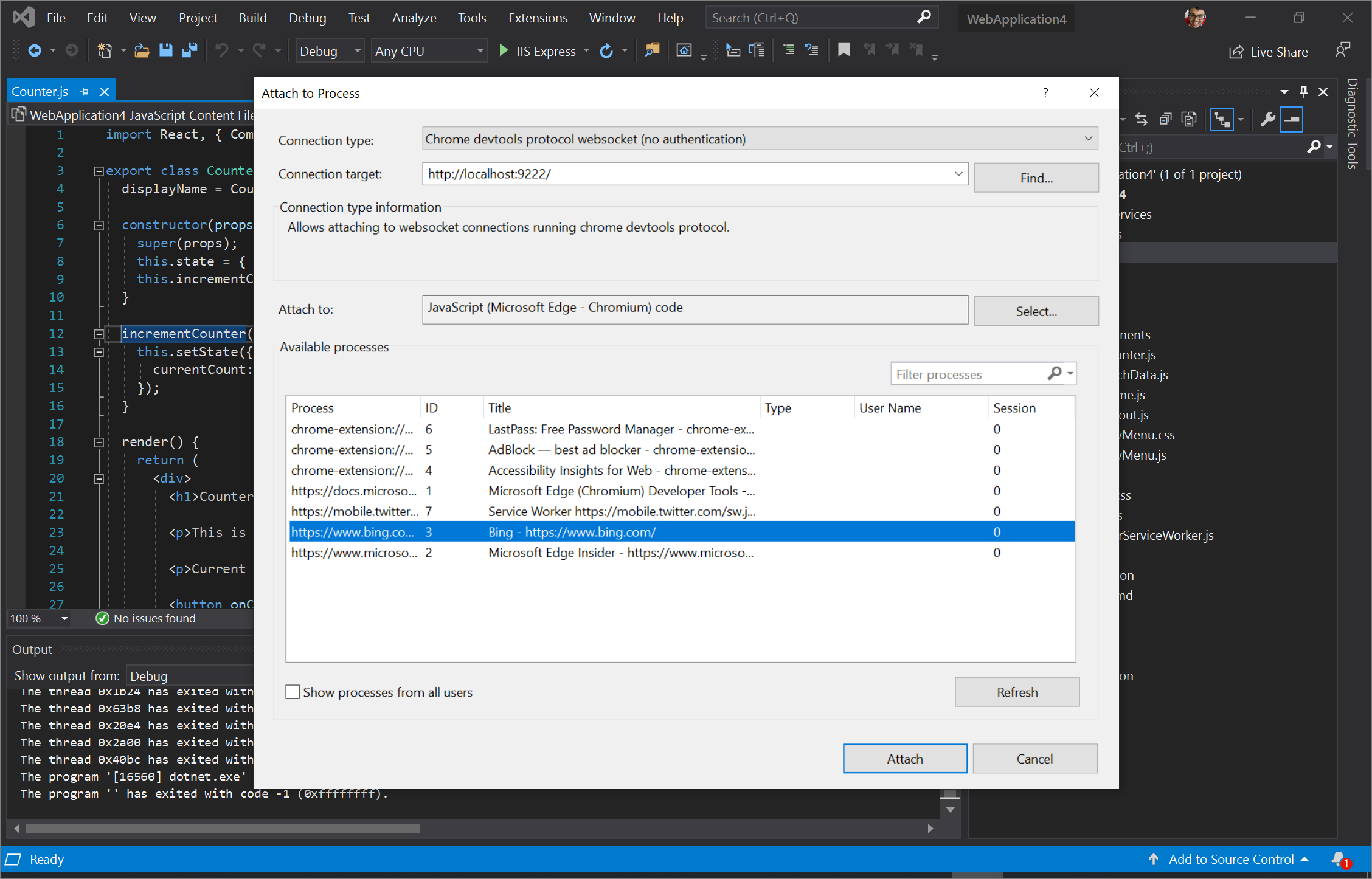 Configuration de la boîte de dialogue « Attacher au processus » dans Visual Studio
