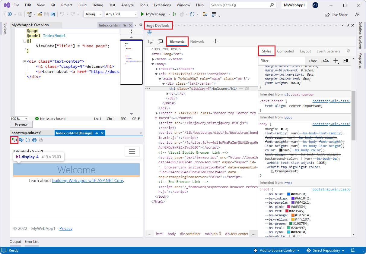 Outils de développement Microsoft Edge pour Visual Studio : Outil Éléments de DevTools