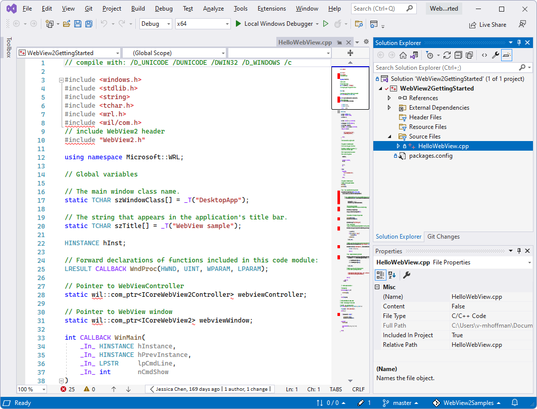 Le fichier « WebView2GettingStarted.sln » du dépôt WebView2 cloné ou téléchargé, ouvert dans Visual Studio, dans Explorateur de solutions