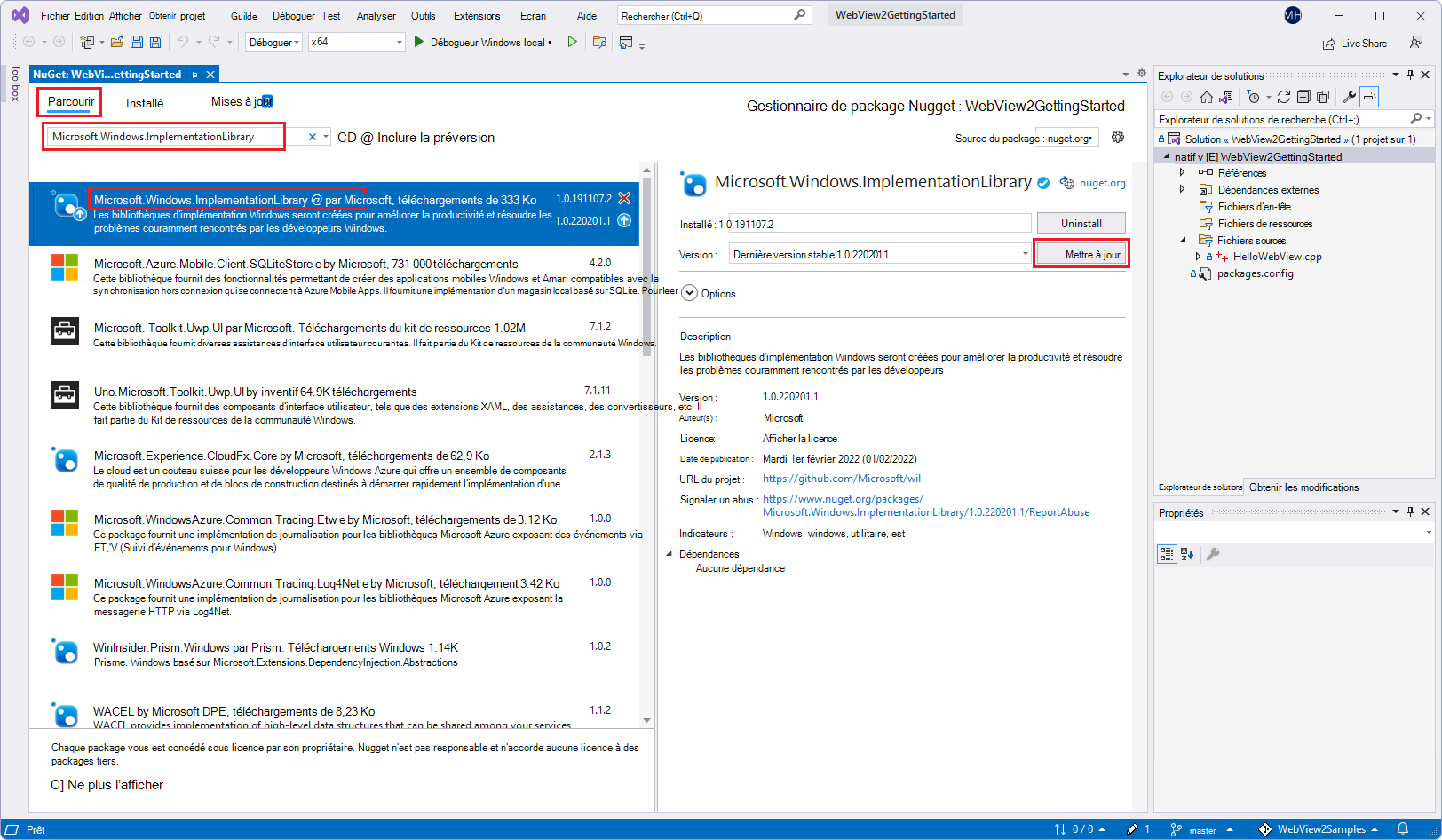 Sélection du package « Microsoft.Windows.ImplementationLibrary » dans le Gestionnaire de package NuGet dans Visual Studio