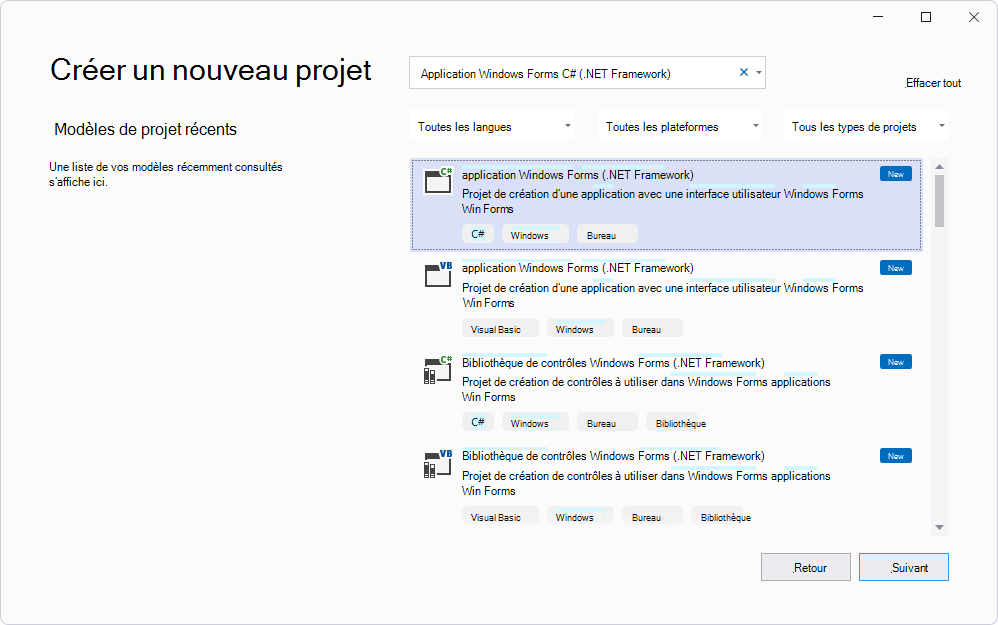 Dans le panneau « Créer un projet », sélectionnez « Application Windows Forms C# > (.NET Framework) ».
