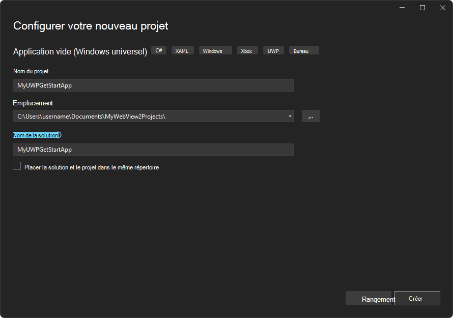 La boîte de dialogue « Configurer votre nouveau projet » affiche des zones de texte pour une application vide (Windows universel)