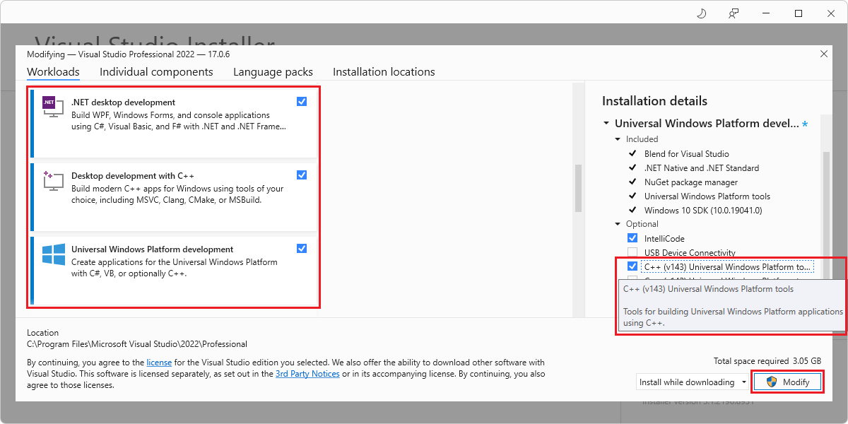 La boîte de dialogue « Modification de Visual Studio 2019 » affiche les cartes et les détails de l’installation