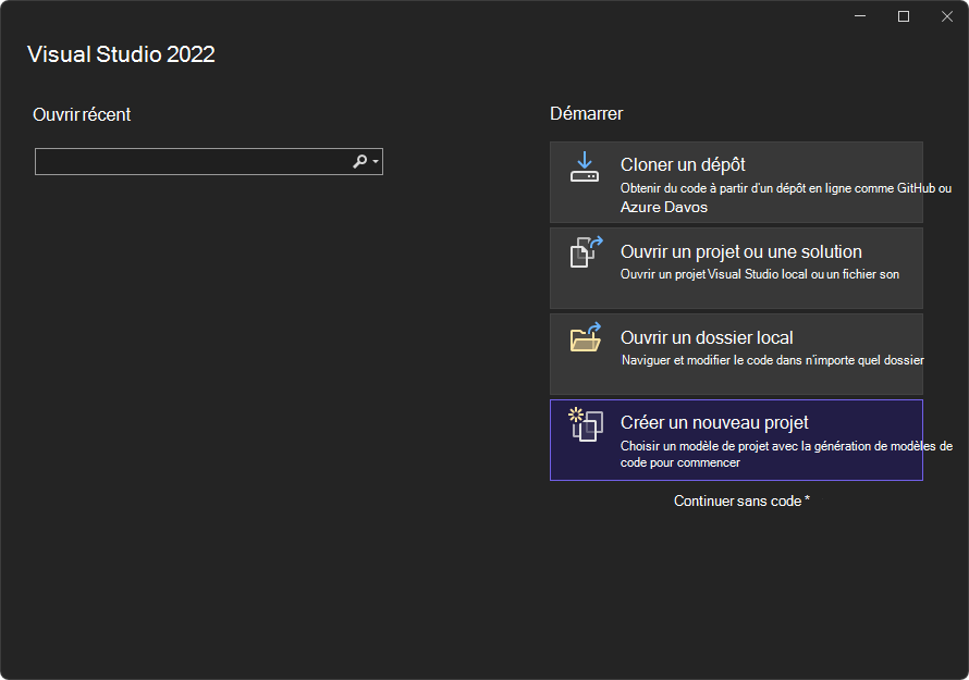 L’écran de démarrage de Visual Studio : cliquez sur le bouton « Créer un projet » carte