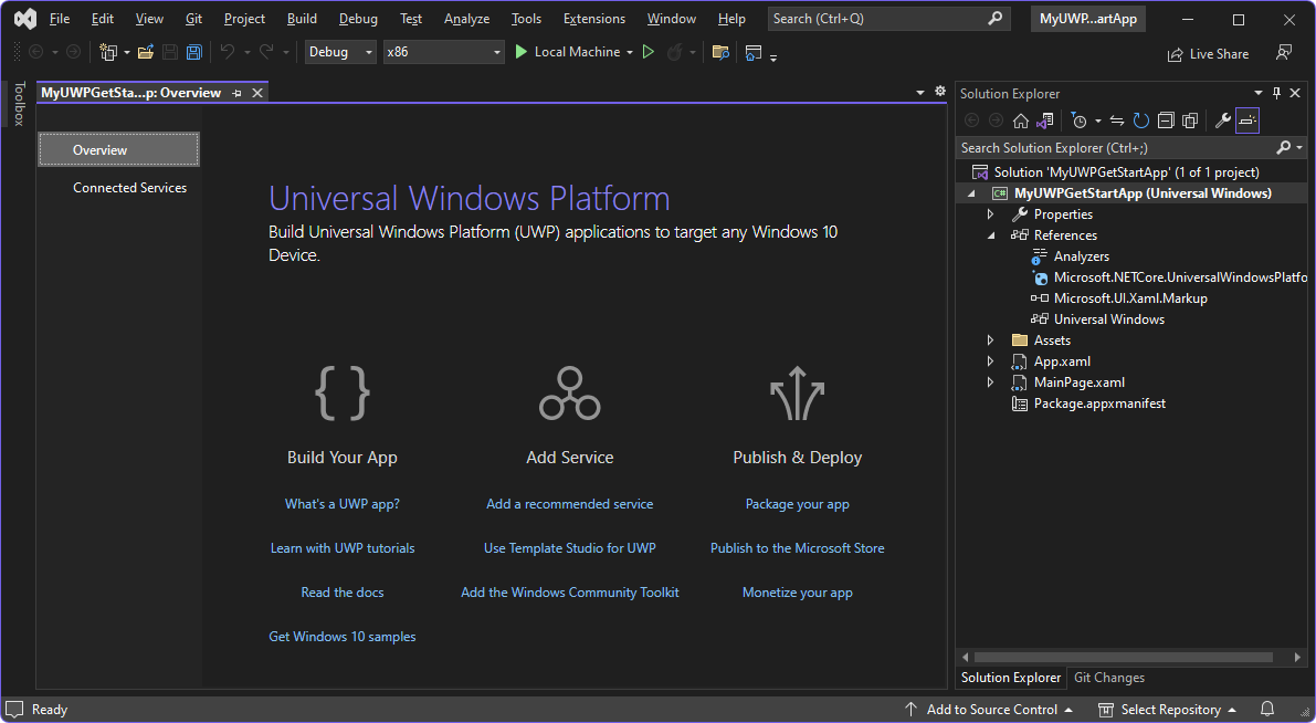 Visual Studio, contenant le projet WinUI 2 (UWP) nouvellement créé
