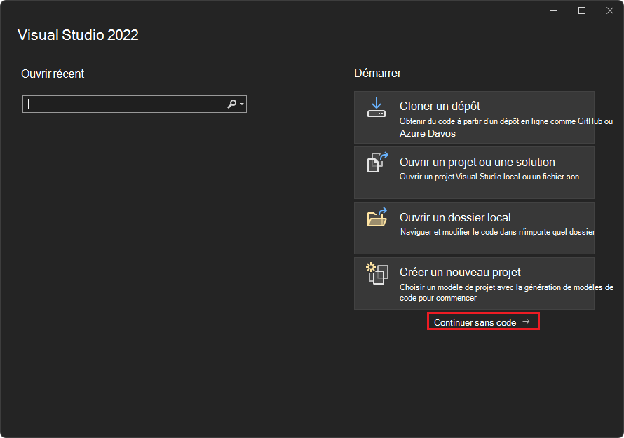 Fenêtre d’option d’ouverture de Visual Studio 2022