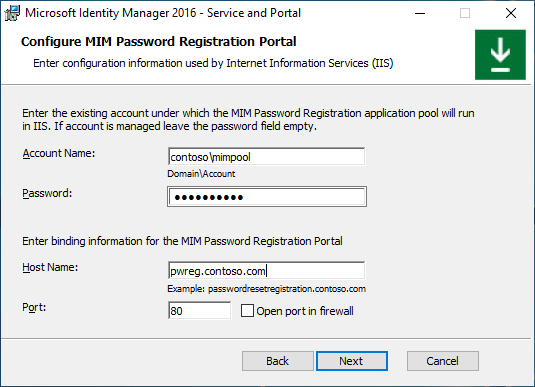 Image de l’écran de configuration du portail d’inscription de mot de passe