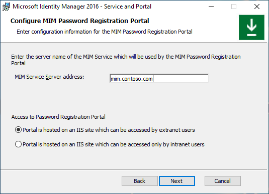 Image de l’écran de configuration du service du portail d’inscription de mot de passe