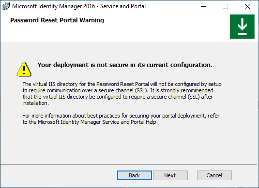 Image d’écran du message d’avertissement du portail de réinitialisation du mot de passe