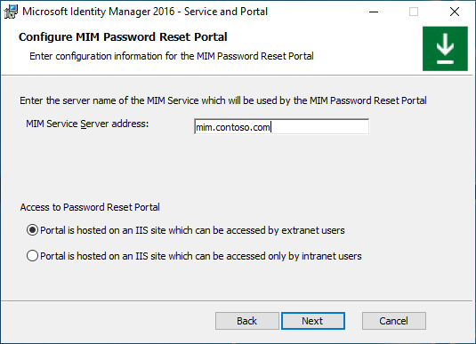Image de l’écran de configuration du service du portail de réinitialisation du mot de passe