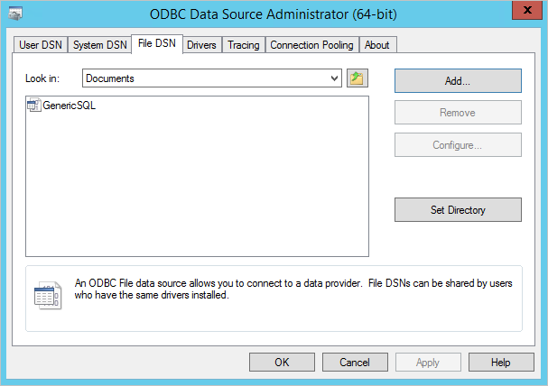 Capture d’écran de l’utilitaire de gestion O D B C avec l’onglet Fichier DS N sélectionné et le nouveau fichier de configuration O D D B C répertorié.