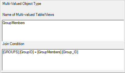 Capture d’écran montrant les valeurs de type d’objet entrées pour le nom de la table et la condition de jointure.