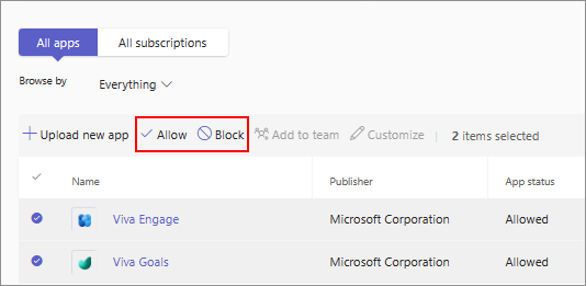 Capture d’écran montrant l’option permettant d’autoriser ou de bloquer une application dans la page Gérer les applications.