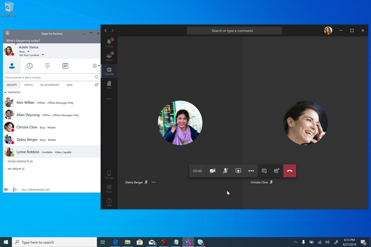 Capture d’écran du scénario better together avec Teams et Skype Entreprise.
