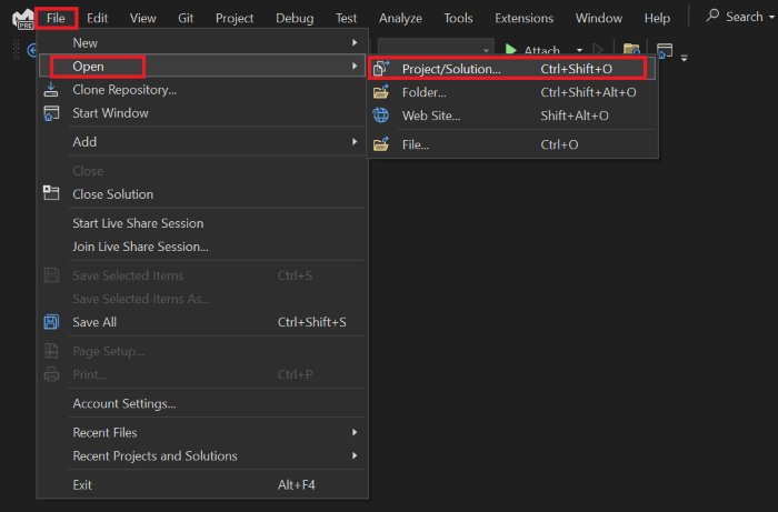 Capture d’écran du menu fichier Visual Studio. Les entrées de menu intitulées Ouvrir sous le menu Fichier et Projet/Solution sous Ouvrir sont mises en surbrillance en rouge.
