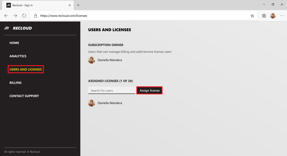 Capture d’écran montrant l’écran Utilisateur et Licences pour attribuer une licence.