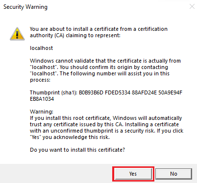Capture d’écran montrant une fenêtre d’installation du certificat.