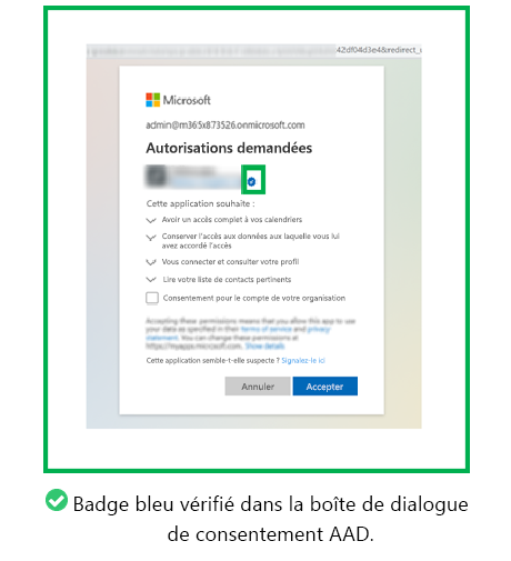 Le graphique montre un exemple de badge bleu vérifié dans la boîte de dialogue de consentement Microsoft Entra.