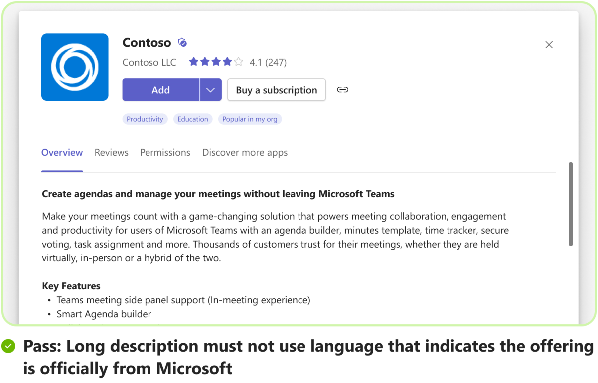 Graphique montrant un exemple de la façon d’écrire une description d’application sans utiliser de slogans et de slogans Microsoft.