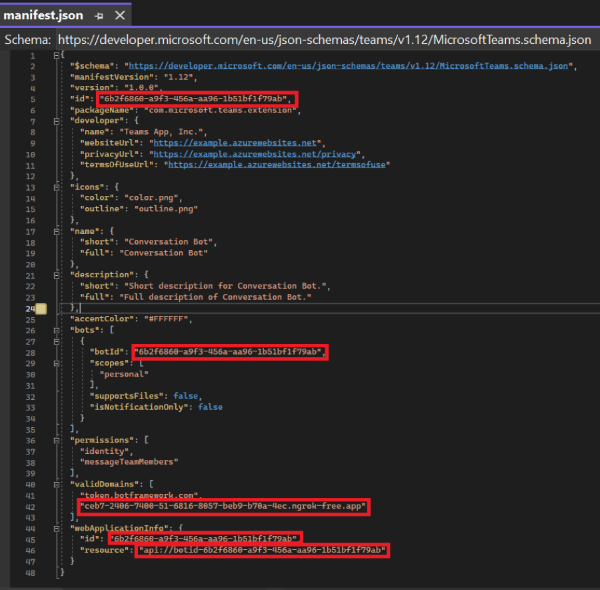 Capture d’écran montrant les détails renseignés dans le fichier manifeste dans Visual Studio.