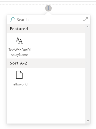 Capture d’écran montrant le workbench SPFx en cours d’exécution avec la fenêtre contextuelle pour ajouter une sélection de composants WebPart.