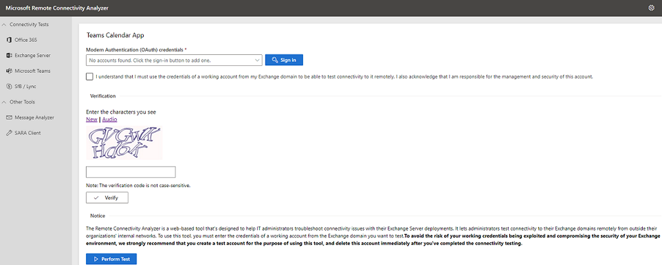 Capture d’écran de la page Application calendrier Teams de Microsoft Remote Connectivity Analyzer.