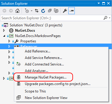 Manage NuGet Packages menu option