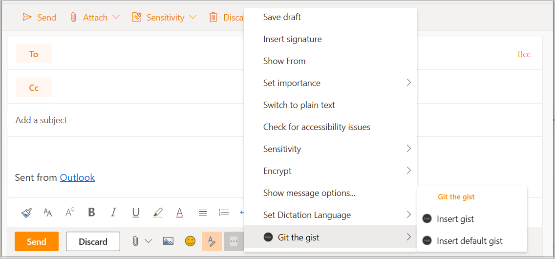 Le formulaire de composition de message dans Outlook sur le web avec le bouton complément et menu contextuel mis en évidence