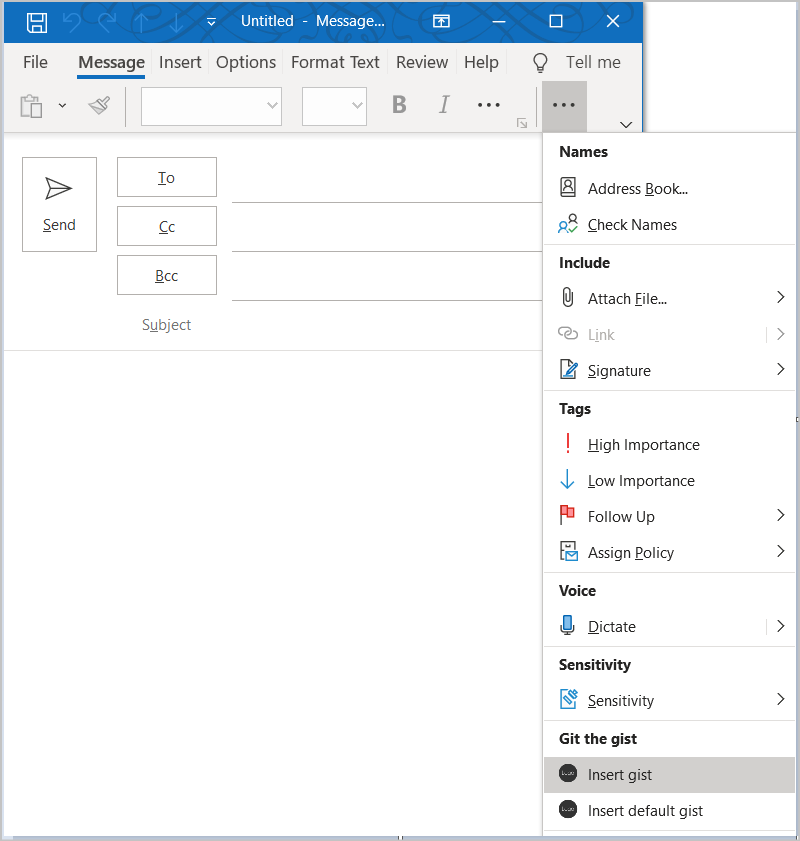 Menu de dépassement de ruban dans Outlook classique sur Windows avec les boutons du complément mis en évidence.