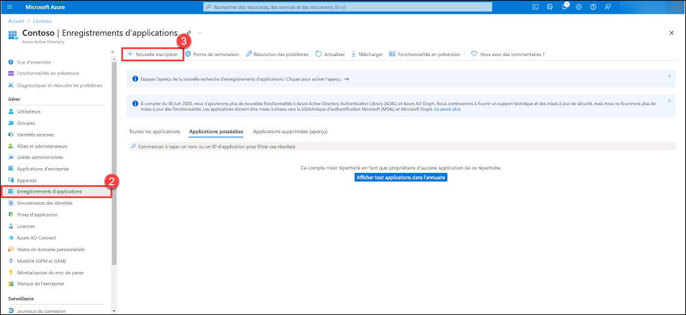 page inscriptions d'applications dans Microsoft Entra ID