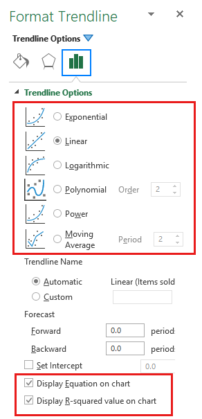 Capture d’écran des Options de courbe de tendance dans la fenêtre Format de courbe de tendance.