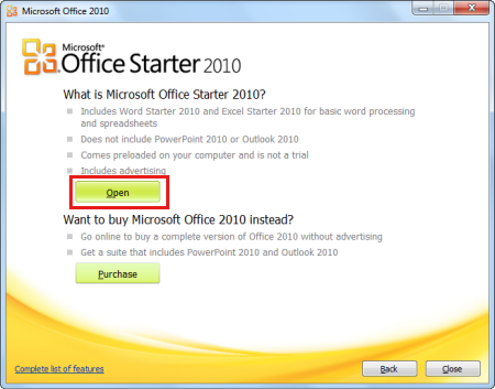 Capture d’écran montrant la sélection de l’option Ouvrir dans Microsoft Office 2010.