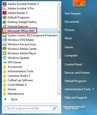 Capture d’écran de la sélection de Microsoft Office 2010 dans le menu Démarrer.