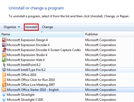 Capture d’écran de la sélection de Désinstaller après avoir sélectionné le programme Microsoft Office Starter 2010.