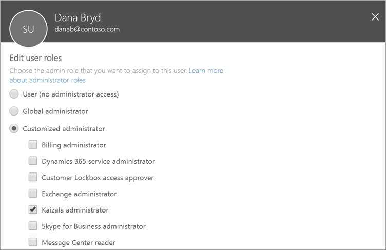 Screenshot of selecting Kaizala administrator in the Microsoft 365 admin center.