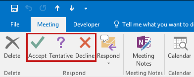 Capture d’écran des boutons Accepter, Provisoire et Refuser dans le ruban Réunion dans Outlook.