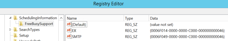 Capture d’écran de la clé de Registre FreeBusySupport après l’ajout d’entrées.