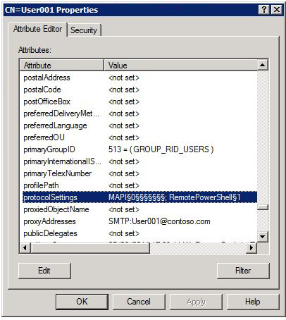 Capture d’écran des paramètres de protocole pour l’utilisateur, notamment MAPI.