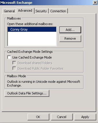 Capture d’écran montrant l’onglet Avancé dans la boîte de dialogue Microsoft Exchange.